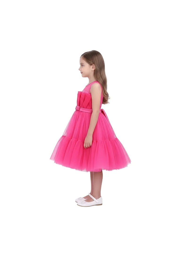 D'Daniela Toddler Girls Bow Front Ruffle Hem Mesh Gown Dress Hot Pink TI